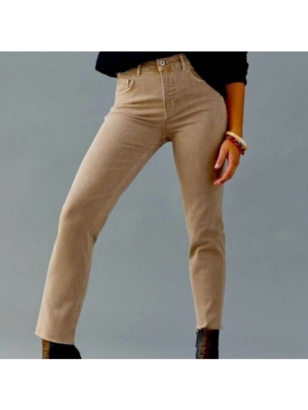 PILCRO ANTHROPOLOGIE THE VINTAGE STRAIGHT TAN FRAY HEM JEANS WOMENS SZ 27